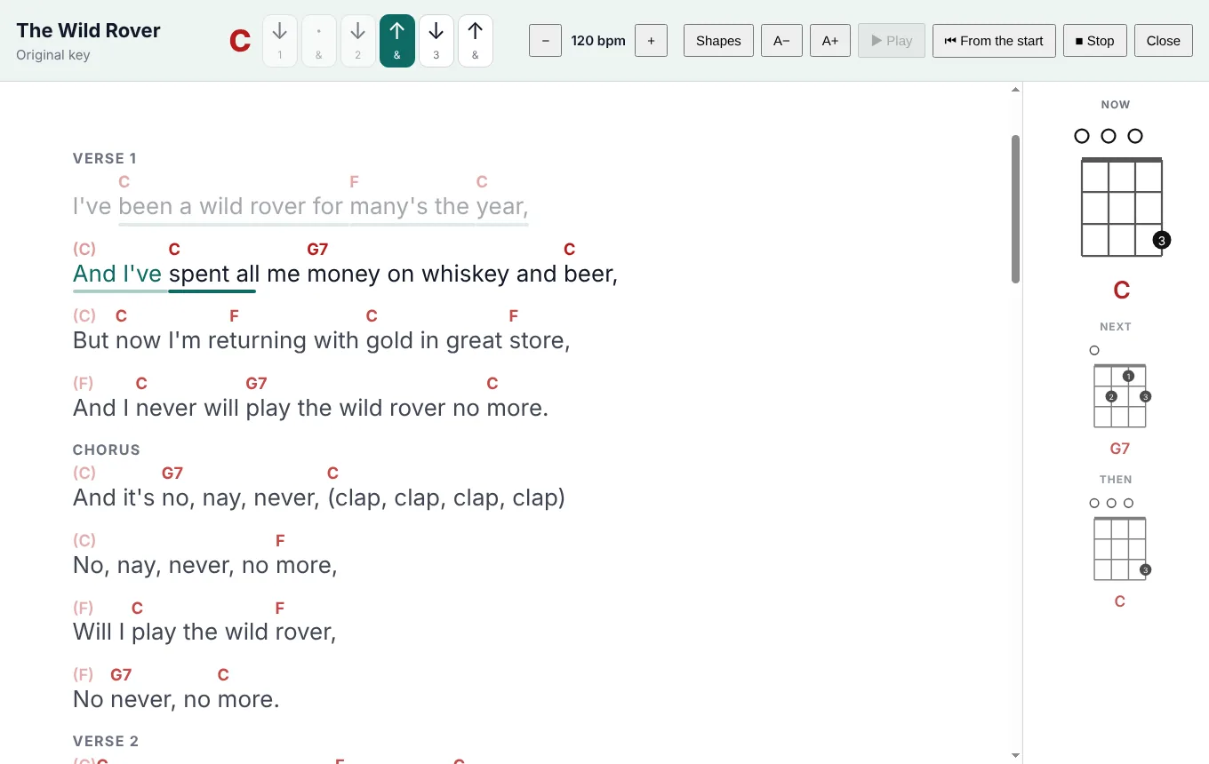 Karaoke view: large words with chords above, the line being sung lit, and chord shapes for now, next and then