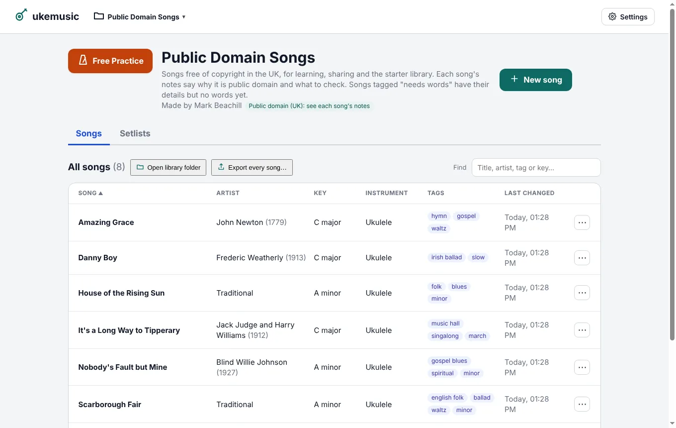 The Public Domain Songs library: a list of songs with artist, key, instrument and tags