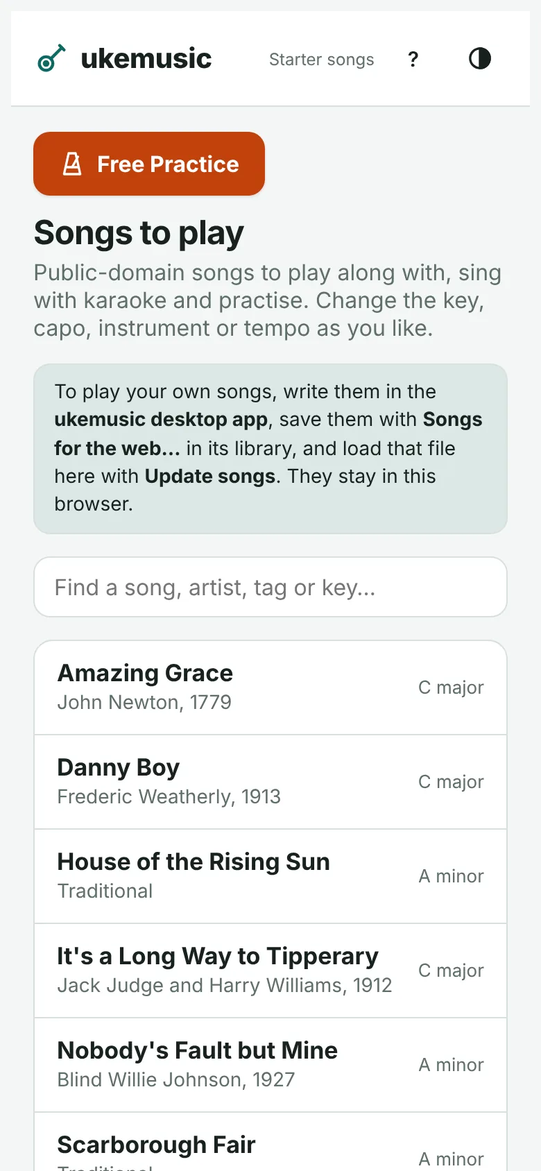 The web player on a phone: the list of songs