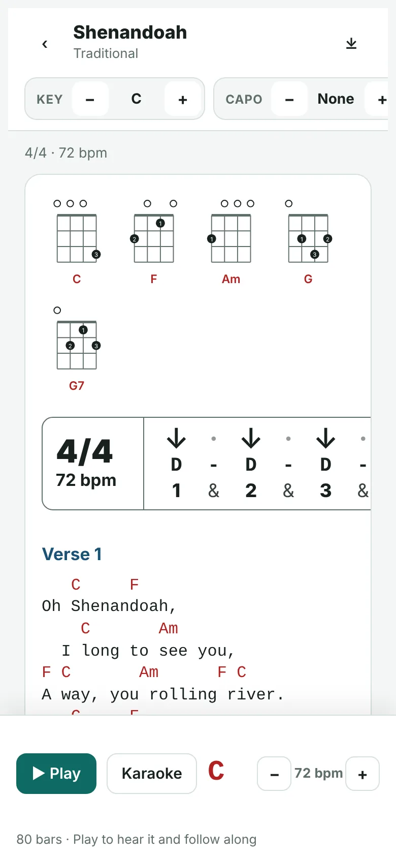 The web player on a phone: Shenandoah with chord shapes and chords above the words